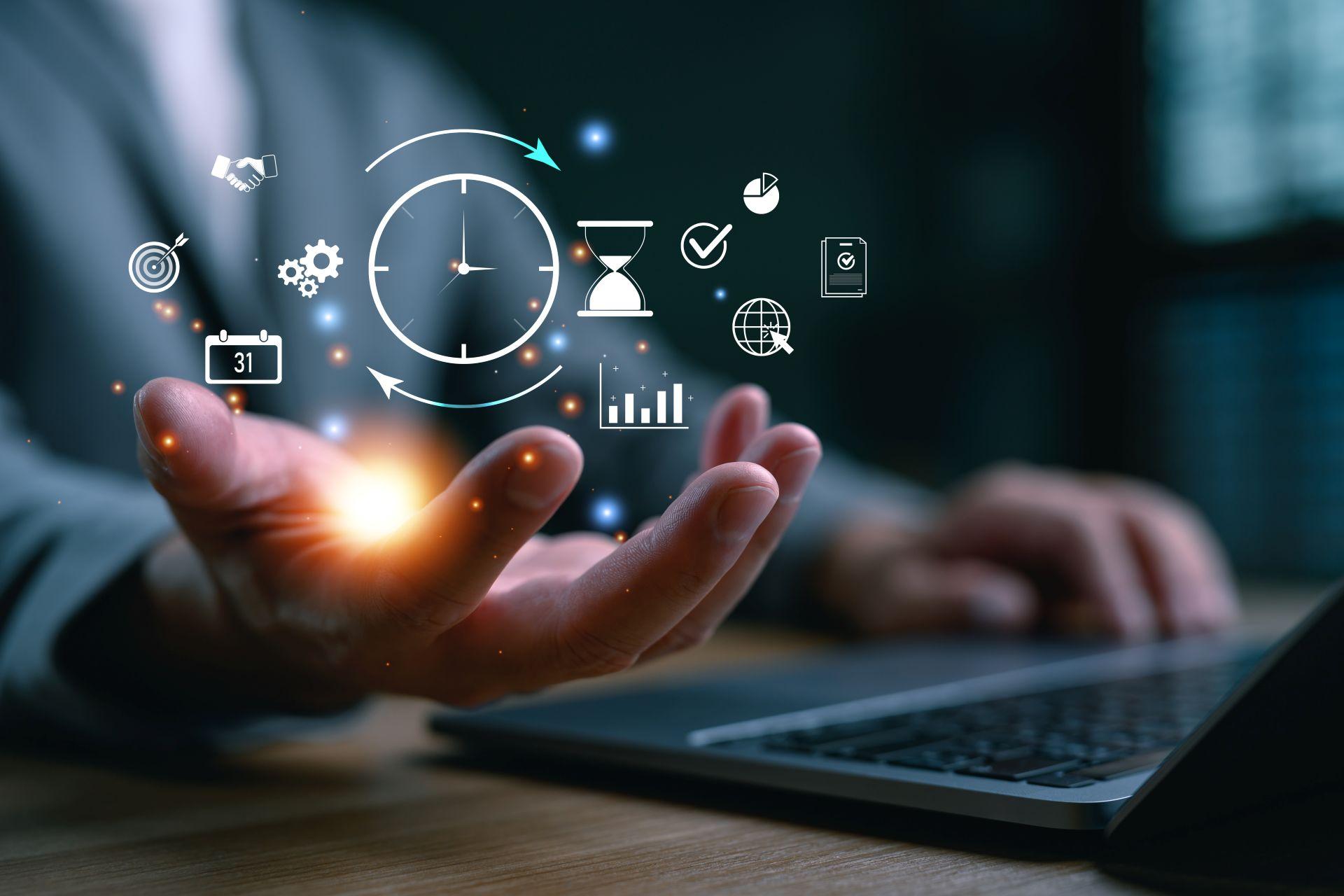 Business hand with digital icons of time management and analytics – showing the structured workflow of an onlyfans manager